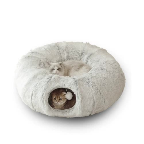 Tunnel Fun-vGrey Luxury Plush Cat Bed with Hidden Tunnel - Soft Round Pet Bed for Cats and Small Dogs-0