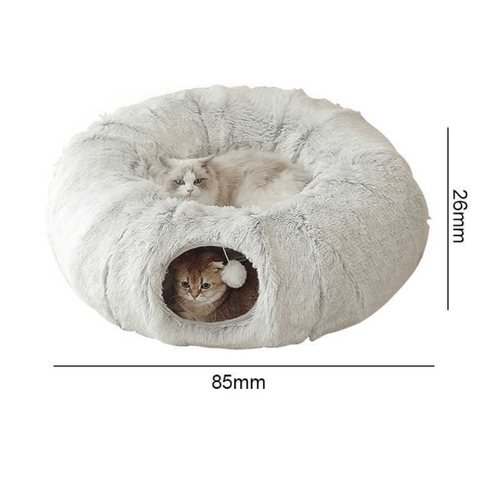 Tunnel Fun-vGrey Luxury Plush Cat Bed with Hidden Tunnel - Soft Round Pet Bed for Cats and Small Dogs-1